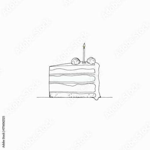 Minimalist Illustration of a Slice of Layered Cake with Candle Highlighting Simplicity and Elegance of Dessert Art