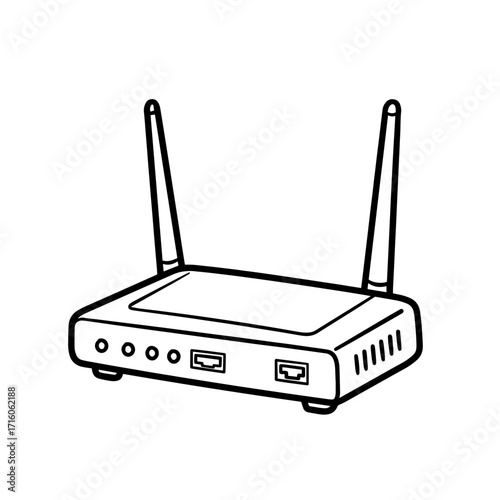 Wireless router with antennas and input ports in black and white  