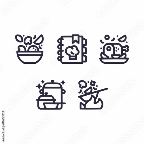 Cooking icons set for culinary blog or restaurant promotion, featuring salad, recipe book, roast chicken, clean pots, and sauteing in a modern outline style.