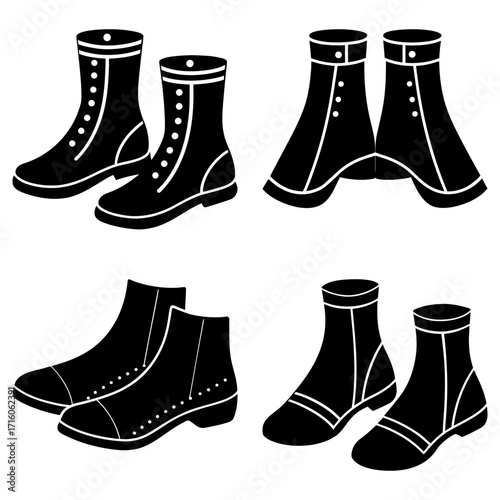 Illustration of four pairs of black boots with different styles and design elements on a white background