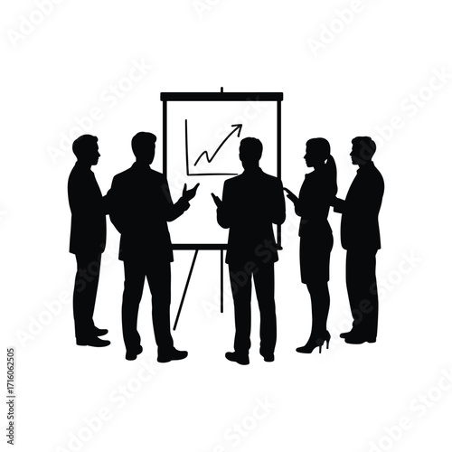 Team of silhouetted business professionals gathered around a whiteboard displaying a growth chart