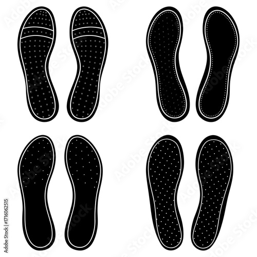 Illustration showing four pairs of shoe insoles with varying designs and hole patterns in black and white