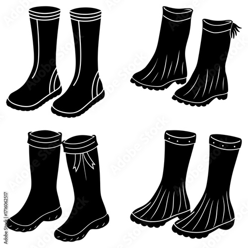 Illustration of four pairs of black boots with different designs and decorative elements on a white background