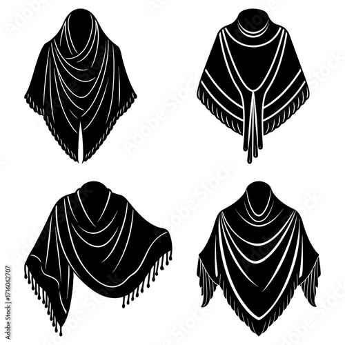 Four black shawls with fringes in different styles and draping positions on a white background image art