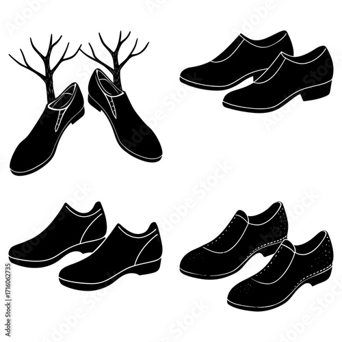 Illustration showing four pairs of black shoes with different styles and bare trees in the background