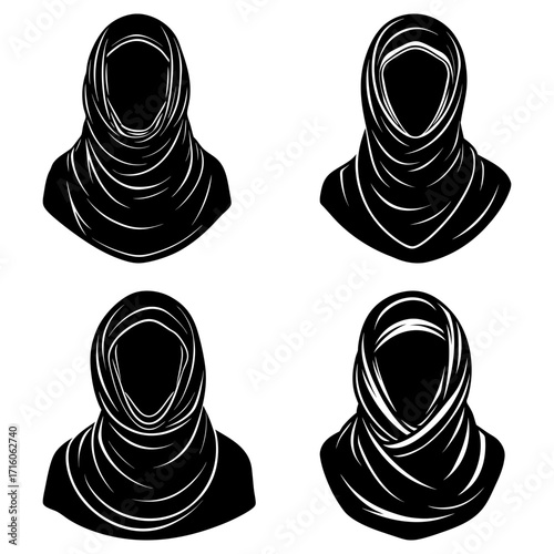 Four stylized black and white illustrations of women wearing different types of hijabs and headscarves