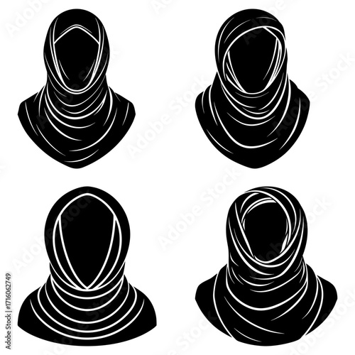 Four black and white illustrations of women wearing different styles of traditional hijab headscarves