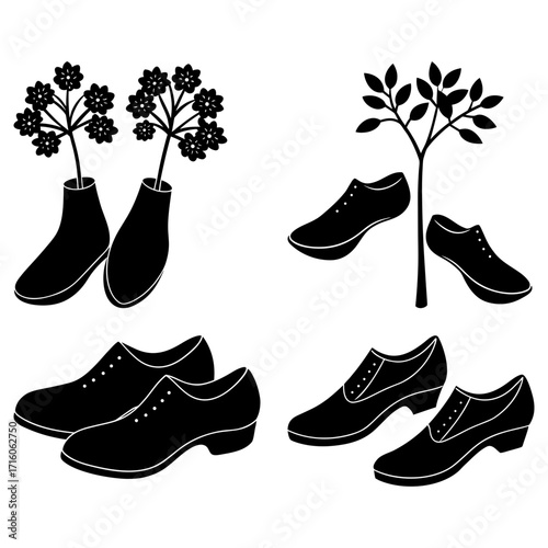 Black and white illustration showing shoes with flowers and a tree in a creative arrangement of footwear