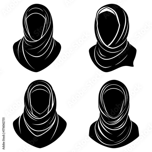 Four black and white vector illustrations of women wearing different styles of hijab head coverings