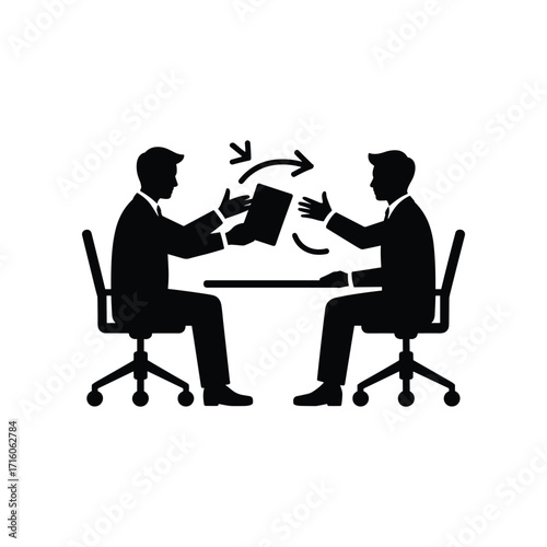 Business meeting silhouette of two men exchanging documents across a table