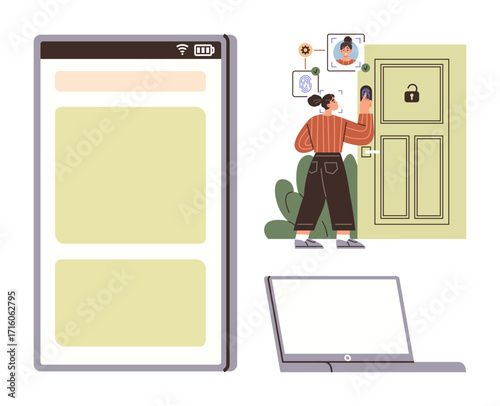 Woman unlocking smart door with face recognition, smartphone, and laptop. Ideal for security, technology, innovation, privacy, remote access digital identity online systems. Simple flat metaphor