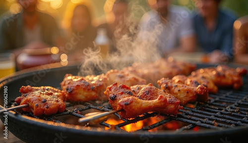 Delicious grilled chicken skewers sizzling on an outdoor grill.