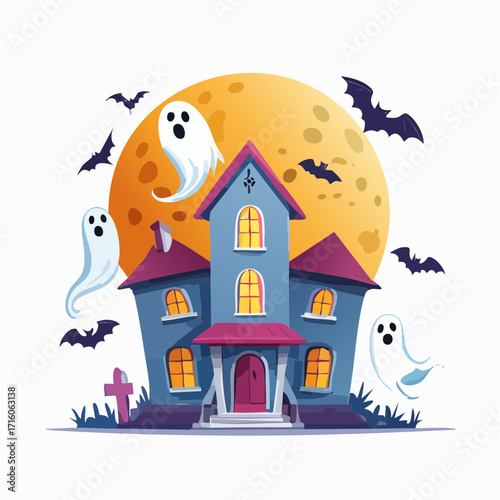 Spooky haunted house stands silhouetted against a full moon on Halloween night, surrounded by bats and ghosts, creating a chilling and festive atmosphere.