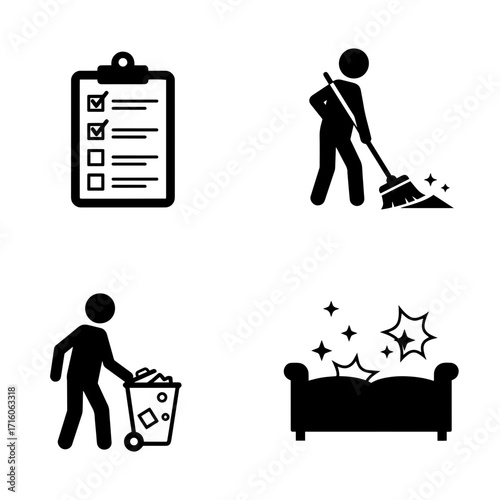 Cleaning activities with checklist, trash disposal, and tidy sofa  