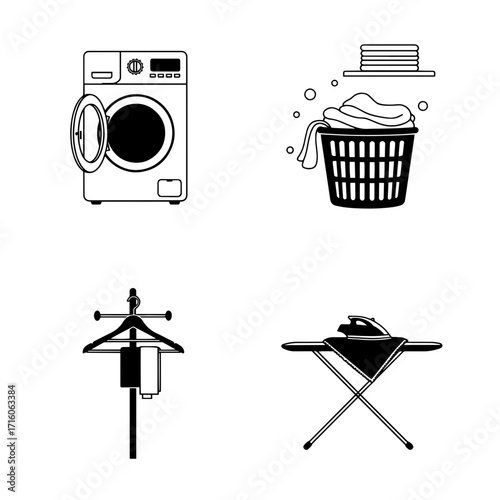 Laundry icons including washing machine, basket, and iron  