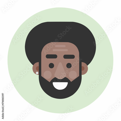 Stylish flat design avatar of a man with an afro and beard, perfect for website profiles or social media, conveying a modern, approachable vibe