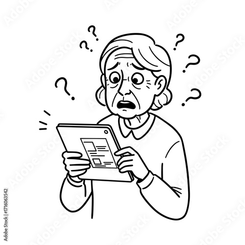 Elderly woman looking confused while holding a tablet device  