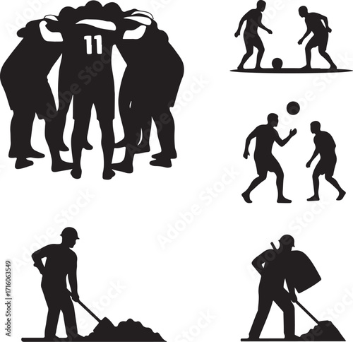 Youth Sports Coaching Silhouette Vector Set – Black and White Illustration of Soccer and Football Team, Coach Instructing Players, Celebrating Victory, Trophy and Achievement, Teamwork and Motivation