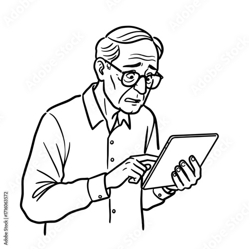 Elderly man using tablet and looking focused while standing indoors  