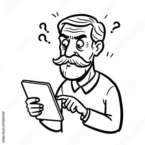 Confused elderly man using tablet and looking puzzled in black and white  