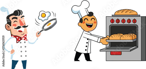 Cartoon chef cooking fried egg, happy baker baking bread, professional kitchen illustration, culinary art, food preparation, bakery, restaurant, cooking