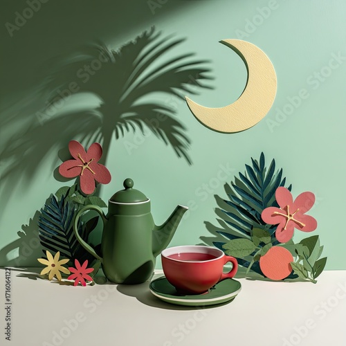 A green teapot and red teacup rest on a pale surface amidst paper cut-out tropical flora, a crescent moon, and palm shadow against a muted green backdrop