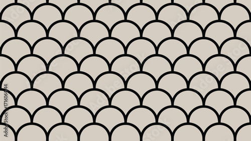 A repeating pattern of black outlined semi circles on a light beige background arranged in rows and columns