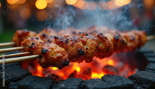 Deliciously Grilled Chicken Skewers Over Hot Charcoal