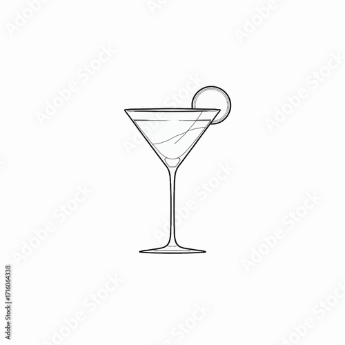 Elegant minimalistic line drawing of a cocktail glass featuring a delicate garnish and showcasing a sleek and refined silhouette in a simple style