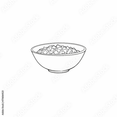 Illustration of a single white bowl filled with small, irregularly shaped pieces, set against a plain background, focusing on minimalistic line art style.