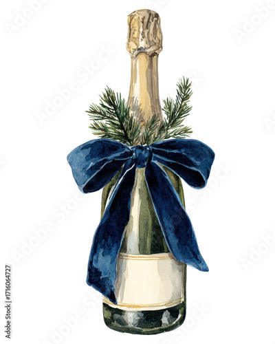 Watercolor illustration of champagne bottle adorned with festive blue bow and pine branches, evoking celebratory and elegant holiday atmosphere