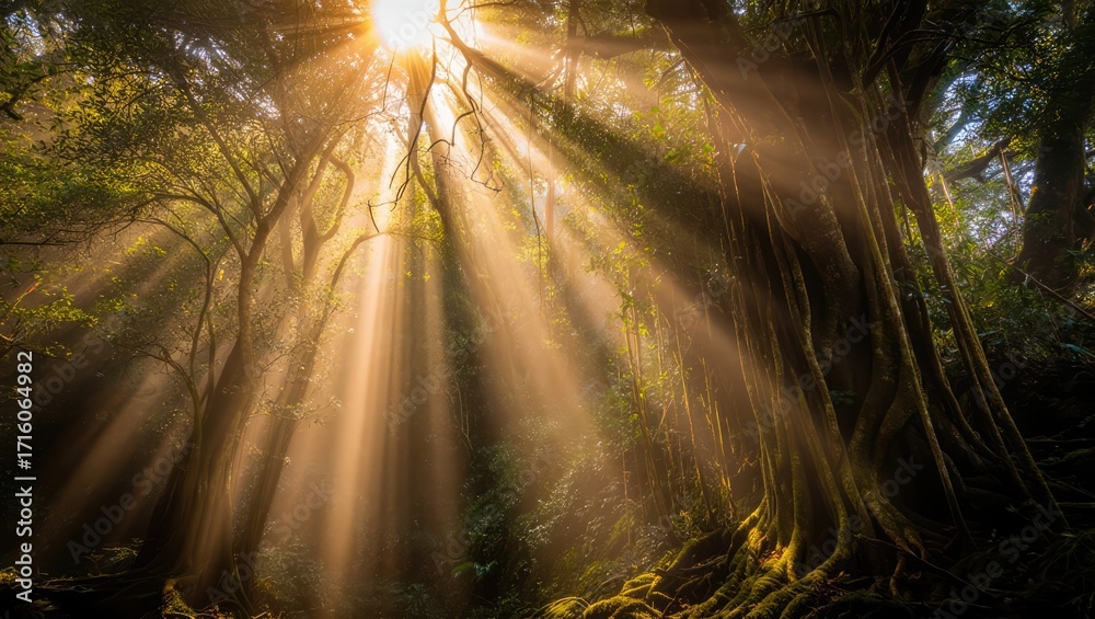 Fototapeta premium Sunlight breaks through dense forest canopy, illuminating mossy ground and creating a magical natural scene. Generative AI.