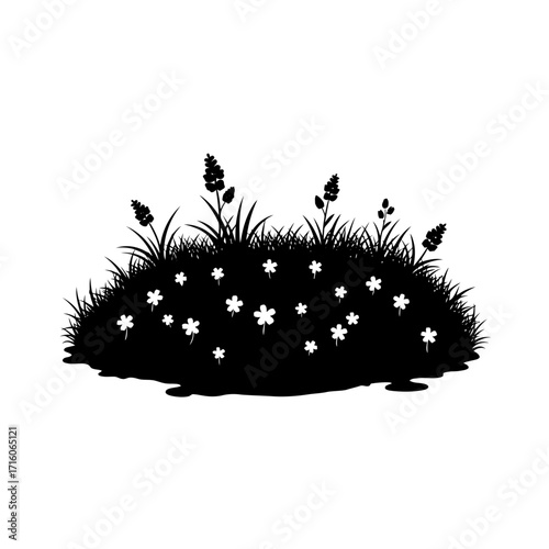 Black silhouette of grass and flowers isolated on white background