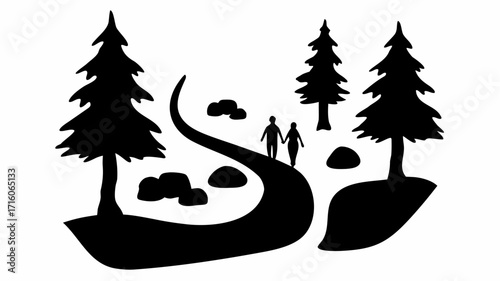 Silhouette illustration of couple walking on path through forest with trees and rocks in black and white