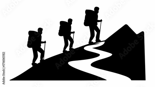 Three hikers with backpacks silhouetted ascending a mountain trail with hiking sticks in black and white style