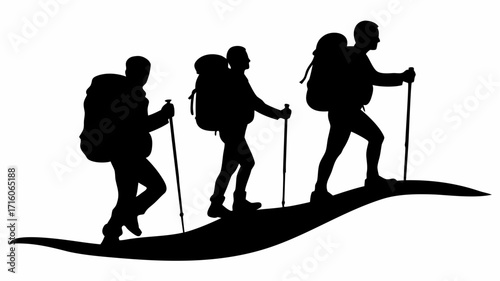 Silhouette of three hikers with backpacks and trekking poles walking uphill on a white background scene view