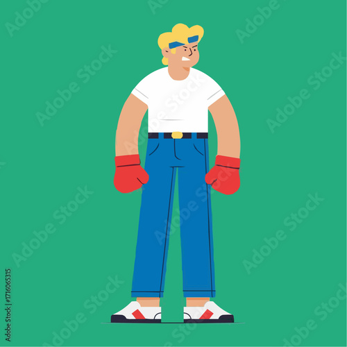 Determined boxer ready for a fight, cartoon character with red boxing gloves and fighting stance, embodying strength and resilience in sports and training