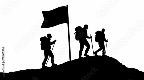 Silhouette of three hikers with backpacks and poles reaching the summit with a flag on a white background