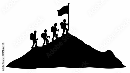 Silhouette of four hikers climbing a mountain with a flag planted at the peak on a white background scene