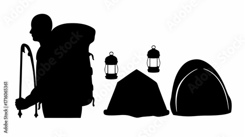 Silhouette of a person with backpack, hiking stick, two lanterns, and two tents on a white background