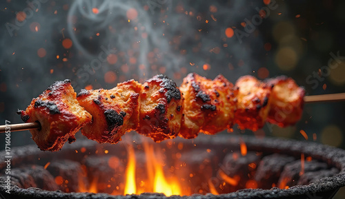 Deliciously Grilled Chicken Tikka Skewers over Hot Charcoal