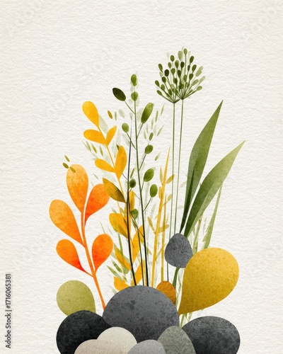 Watercolor illustration of stylized autumnal flora and smooth stones in muted orange, yellow, and green hues against a textured off-white background