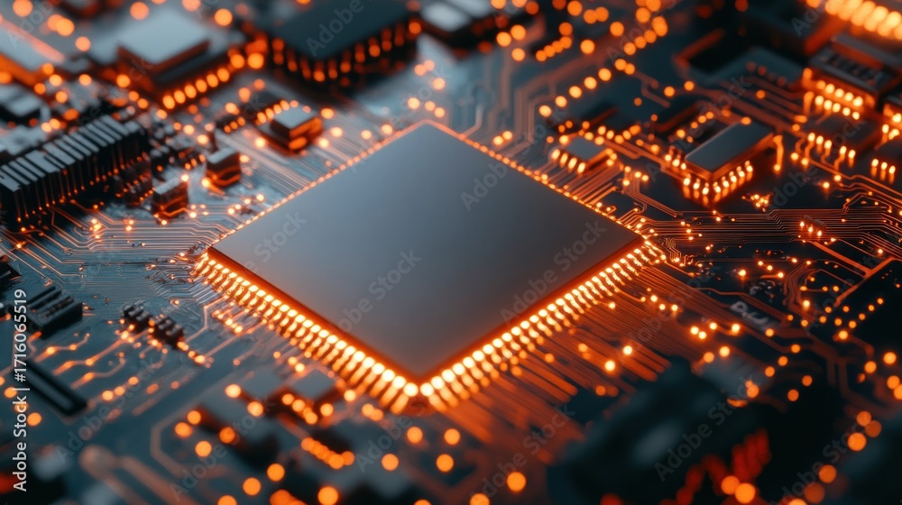Obraz premium Close-up of a glowing computer chip on a circuit board