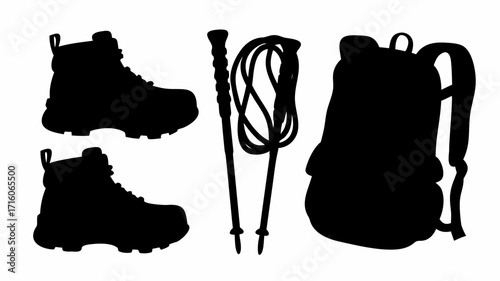 Silhouette depiction of hiking boots trekking poles and a backpack representing outdoor adventure gear