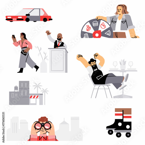 Diverse urban lifestyle icons showcasing modern living, featuring travel, technology, food, and entertainment, all symbolizing dynamic city adventures