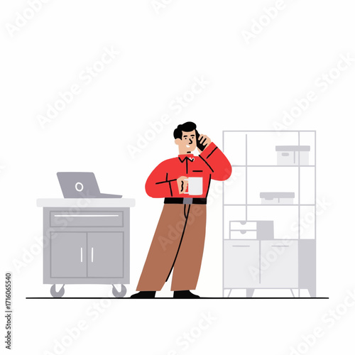 Modern professional having a phone call with coffee in hand, enjoying a break in his office, embracing work-life balance and relaxed communication