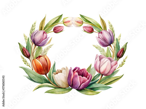 Watercolor wreath featuring tulips in shades of purple, orange and white on white