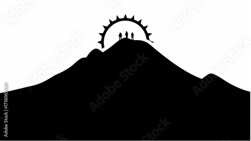 Silhouette of three people standing on a mountain peak under a spiky archway against white backdrop