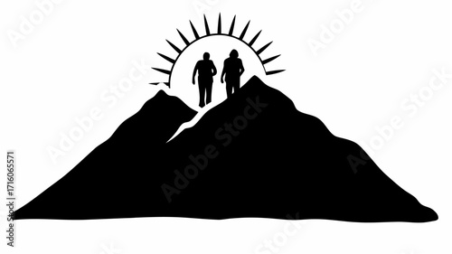 Two people silhouette standing on a mountain peak with sun rays in black and white illustration art