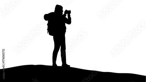 Silhouette of a person with a backpack taking a picture on a hill against a white background outdoors scene